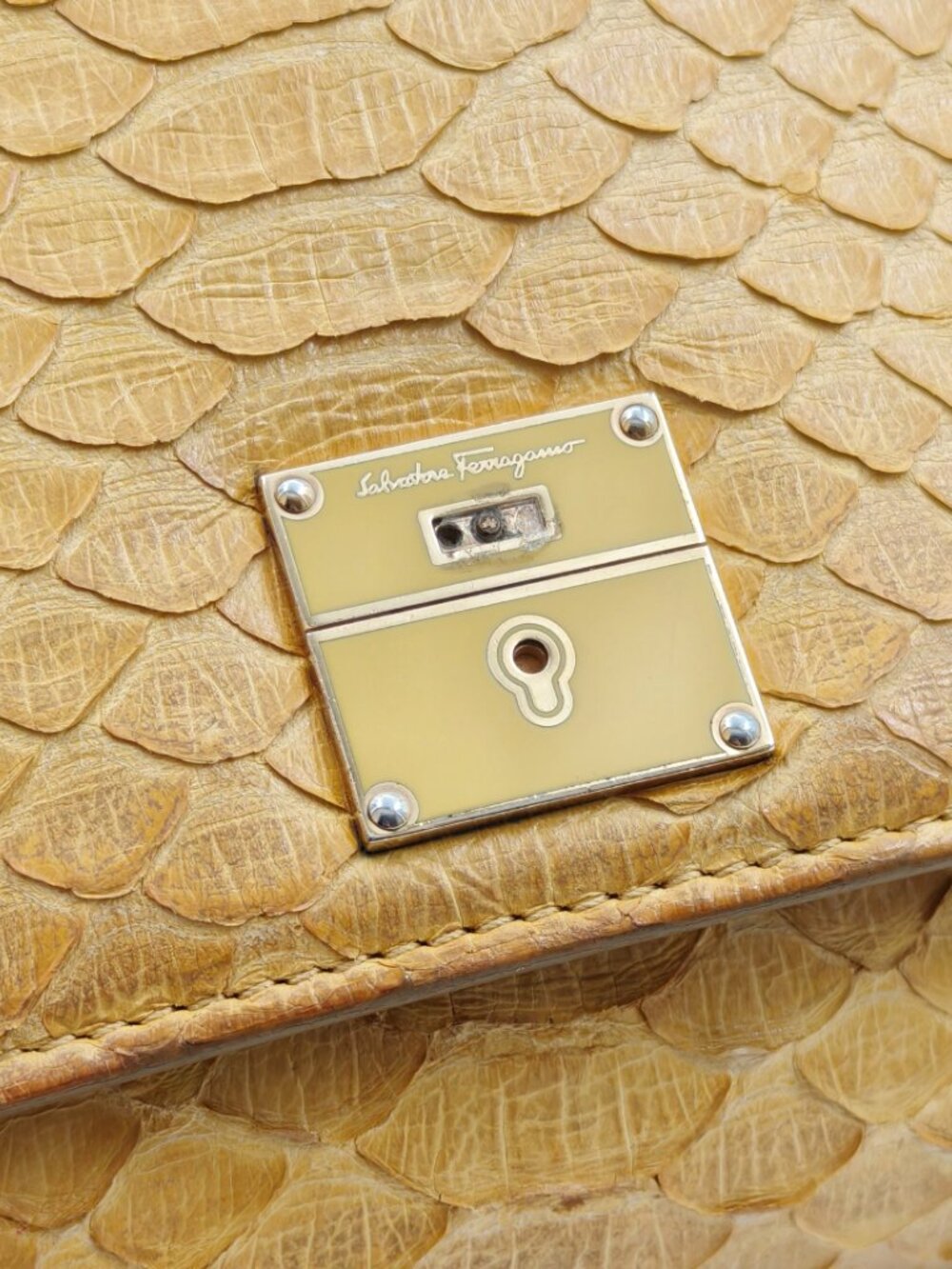Salvatore Ferragamo Yellow Python Embossed Leather Chain Shoulder Bag Clutch - Picture 2 of 11